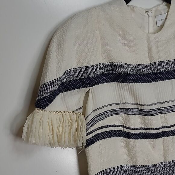 NOON BY NOOR 8 FRINGE SLEEVE POCKETS NAVY BLUE CREAM TEXTURED LINED LUXE DRESS - Picture 5 of 7